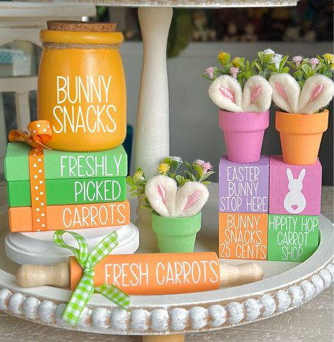 Easter Decor & Easter Tiered Tray Decor. Choose from our sweet Easter Mini Wood Book Stack, Easter Rolling Pin, set of 4 Easter stacking blocks, mini flower arrangement pots with Easter Bunny ears, or a bunny snack jar.... or choose them all for your Easter decor!  We offer over 900 other holiday and seasonal designs in our shop. https://www.etsy.com/shop/SweetBeanFarmhouse PLEASE READ DESCRIPTION, PROCESSING TIMES & ESTIMATED SHIPPING DATES IN ITS ENTIRETY. ❤ SIZE: WE ARE NOT RESPONSIBLE FOR FA Easter Crafts Bookends, Mini Stacked Books, Easter Book Stacks, Mini Books For Tiered Trays, Mini Wood Book Stack, Easter Food Crafts, Plant Display Ideas, Easter Books, Easter Bunny Ears