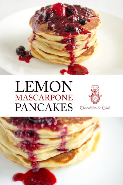 Lemon Mascarpone Pancakes are the easy yet elevated pancake brunch recipe you've been waiting for! Fluffy and flavourful! Seriously, bestie! BEST lemon pancake recipe EVER! | Chocolates & Chai | Recipes #brunchrecipes #pancakerecipes #fluffypancakes #lemonpancakes Mascarpone Pancakes, Pancakes Lemon, Pancake Brunch, Chai Recipes, Dessert Crepes, Lemon Mascarpone, Lemon Pancakes, Pancake Breakfast, Chai Recipe