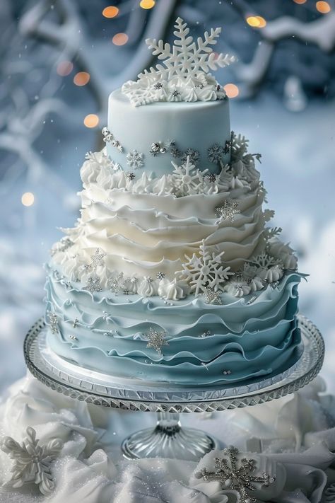 Icy Blue Charm: A Winter Wonderland Birthday Cake Sweet 16 Party Ideas Winter Theme, Winter Sweet 16 Ideas Birthdays, Snow Cake Design, Snowflake Quinceanera Theme, Winter Wonderland Graduation Party, Disney 18th Birthday Cake, Ice Queen Birthday Party, Ice Princess Birthday Theme, Winter Birthday Cake For Women