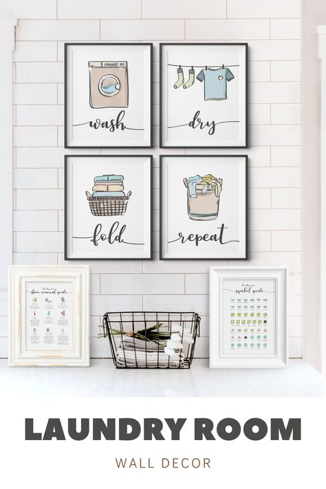 Wash Dry Fold Repeat illustrations in black frames hanging on a wall. Plus Symbols Guide and Stain Removal Guide illustrations in white frames standing on a counter. Laundry Room Accent Wall, Colorful Laundry Room, Stylish Farmhouse, Wash Dry Fold Repeat, Laundry Room Colors, Stain Removal Guide, Laundry Wall Art, Laundry Wall, Laundry Room Wall