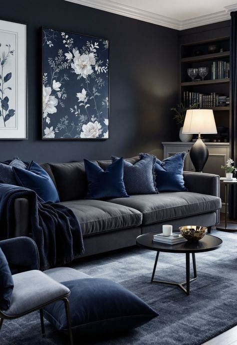 Dark Grey Couch Living Room Navy Blue And Charcoal Grey Living Room, Denim Blue And Grey Living Room, Dark Grey And Navy Living Room, Dark Gray And Navy Living Room, Dark Navy Couch Living Room, Living Room Design Gray Couch, Dark Blue Living Room Aesthetic, Dark Grey Living Room Decor, Dark Blue And Grey Living Room