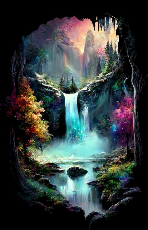 fantasy Landscape Magical forest Zicxa.com Mystical Woods Magical Forest, Fantasy Waterfall Forest, Enchanted Forest Waterfall, Enchanted Forest Fantasy Art, Mystical Places Enchanted Forest, Enchanted Forest Artwork, Enchanted Forest Pictures, Mystical Art Drawings, Fey Wild Landscape