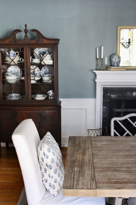 Elegant Blue Dining Room Reveal | My Life From Home French Blue Dining Room, Dusty Blue Dining Room, Blue Dining Room Ideas, White Slipcovered Chair, Dining Room Refresh, Colonial Dining Room, Blue Dining Room, Classic Dining Room, Dining Room Paint