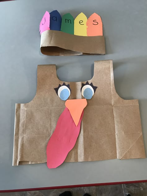 Paper bag Turkey costume for kids Turkey Paper Bag Costume, Paper Bag Pilgrim Costume, Paper Bag Turkey Costume, Turkey Vest Paper Bags, Thanksgiving Wear Outfit Ideas, Paper Bag Vest For Kids, Thanksgiving Costumes For Kids, Turkey Costume Diy, Turkey Costume For Kids