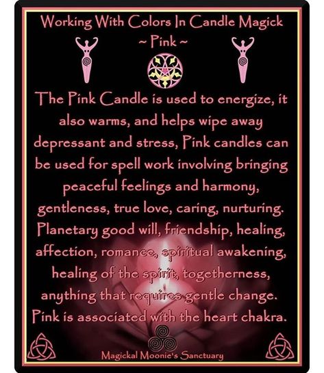 @witchytips #witch #witchcraft #wicca #wiccan #pagan Color Correspondences, Candle Magik, Candle Color Meanings, Pink Candle, Eclectic Witch, Candle Magick, Wicca Witchcraft, Color Meanings, The Emotions