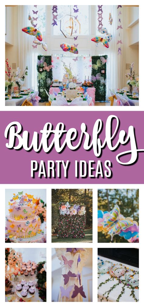 Whimsical Butterfly Birthday Party on Pretty My Party #prettymyparty #butterflypartyideas #butterflyparty #butterflybirthday #butterflytheme Butterfly Themed Birthday Party Food, Butterflies And Rainbows Birthday, Butterfly Party Decorations Centerpieces, Three Year Old Butterfly Party, Adult Butterfly Party Theme, Butterfly 3rd Birthday Party, Butterfly Themed First Birthday Party, Butterfly Party Activities, Girls Butterfly Birthday Party