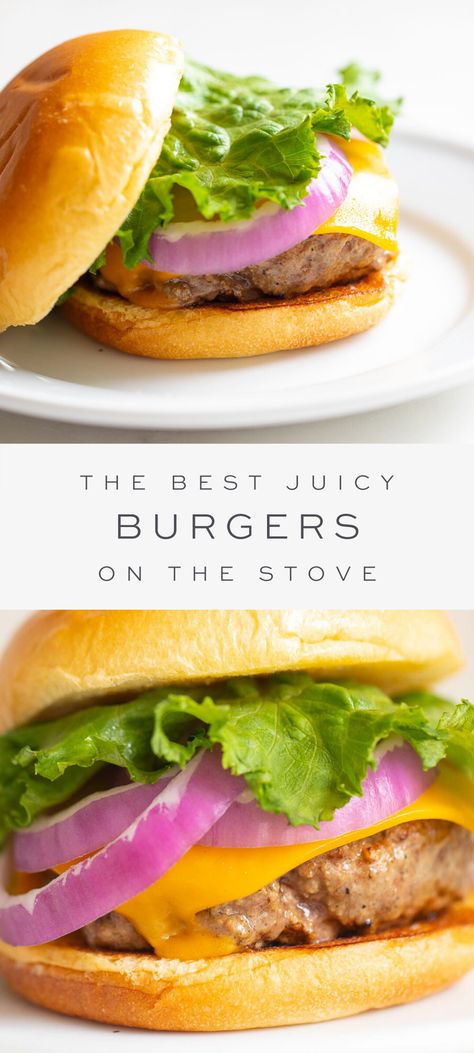 Stovetop Burgers, Cast Iron Burgers, Burgers On The Stove, Easy Burgers, Julie Blanner, How To Cook Burgers, Burger Toppings, Cast Iron Skillet Recipes, Family Friendly Dinners