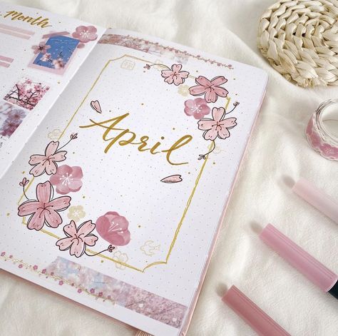 April Cover Page, Sakura Theme, Boarders Designs For Projects, Book Cover Page Design, Presentation Ideas For School, Bullet Journal Page, Creative School Project Ideas, Hello April, Bullet Journal Ideas Templates