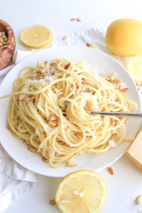 Pasta With Pine Nuts Parmesan, Crab Pasta, Lemon Garlic Pasta, My 30th Birthday, Homemade Spaghetti, Feta Pasta, Pine Nut, Lemon Pasta, Bowtie Pasta