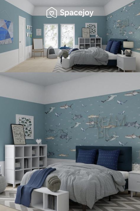 Kids Shark Bedroom, Shark Themed Bedroom Boy Rooms, Shark Bedroom Decor, Boys Shark Room, Shark Bedroom Boys, Boys Shark Bedroom, Ocean Themed Bedroom For Boys, Ocean Room Kids, Shark Room Ideas