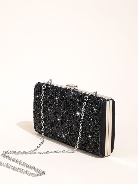 Black Glamorous Collar  Plastic Plain Box Bag Embellished   Women Bags Black Sparkly Clutch, Sparkle Purse, Black Clutch Purse, Sparkly Purse, Prom Purse, Prom Bag, Y2k Baddie, Clutch Purse Black, Homecoming Ideas