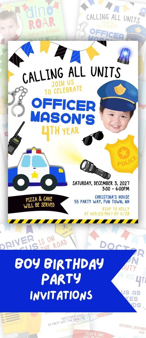 Custom Police Themed Birthday Invitation for Boy Personalized Policeman Invitation DIY Police Car Invitation Police Station Party Invitation - Etsy Birthday Police Theme, Police Theme Party, Police Invitation, Car Invitation, Police Birthday Party, Happy Birthday Invitation Card, Jump Party, Cars Invitation, Prince Birthday