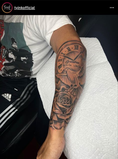 Men’s Tattoo Half Sleeve, Rip Tattoos For Men Shoulder, Mom Dedication Tattoos For Men, Forarm Tattoos Top, Forearm Tattoo Men Sleeve God, Men Tattoo Ideas Family, Sleeve Inspo Tattoo Men, Fore Arm Sleeve Tattoo Men, Rip Tattoo Ideas For Men Forearm