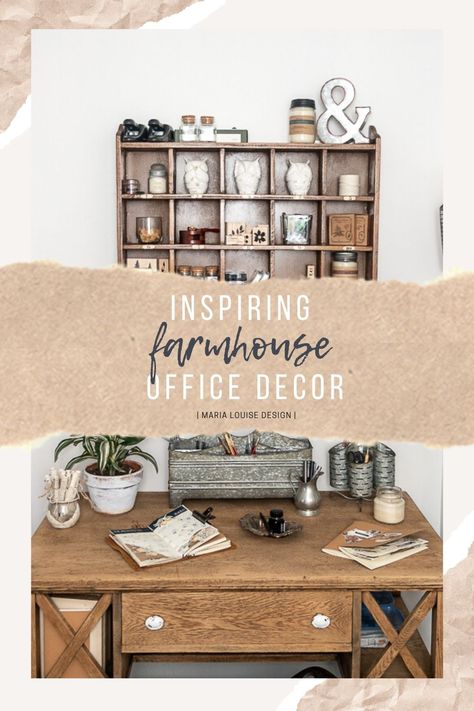 Looking for some creative inspiration for your office? Check out the farmhouse offices decor from some of my favorite fellow bloggers!  | Maria Louise Design |  #offices #officedecor #modernfarmhouse #farmhouse #organization #vintage #antique #vintage #rehab #refinish #modernfarmhouse #renovation #hometour #officespace #officeorganization Farmhouse Office Accessories, Farmhouse Cubicle Decor Office, Office Gallery Wall Ideas, Modern Farmhouse Office Decor, Vintage Office Ideas, Farmhouse Office Ideas, Rustic Farmhouse Office, Modern Farmhouse Office Ideas, Country Office Decor