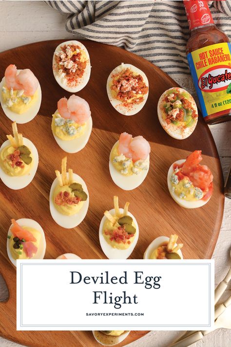 Spicy Deviled Eggs Flights are the hottest new thing to bring to your tailgate! #sponsored #ElYucateco #FlavorBlitz24 Sweet And Spicy Deviled Eggs, Fried Shrimp Deviled Eggs, Egg Flight Recipe, Gourmet Deviled Eggs Appetizers, Deviled Eggs Flight, Deviled Egg Flight Ideas, Deviled Egg Variations, Unique Deviled Eggs Recipe, Deviled Egg Flight