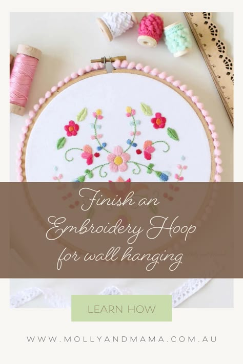 You've finished stitching your embroidery, now learn how to display your design in the timber embroidery hoop, so you can hang it on the wall. We'll finish the hoop back with gathering stitch and cover it with felt for a neat finish. How To Decorate Embroidery Hoop, How To Display Embroidery Without A Hoop, Embroidery Hoops On Wall, How To Display Embroidery Projects, Embroidery Hoop Art Diy Wall Hangings, How To Display Embroidery, Finishing Embroidery Hoop, Gathering Stitch, Display Embroidery