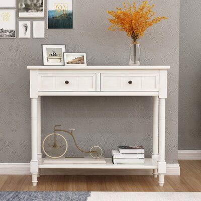 Vintage antique inspired console table finished in a rich retro grey features versatile timeless design Color: Ivory White | Alcott Hill® 35.43" Console Table Wood in White, Size 29.9 H x 35.43 W x 13.8 D in | Wayfair Small Entryway Table, Entry Tables, Bottom Shelf, Console Tables, Sofa Table, Console Table, Hallway, Entryway, Drawers