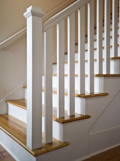 Traditional White Staircase White Railing Stairs, All White Staircase, Stairs White, Wood Railings For Stairs, Stair Railing Makeover, Interior Stair Railing, Wrought Iron Stair Railing, Stair Ideas, White Staircase