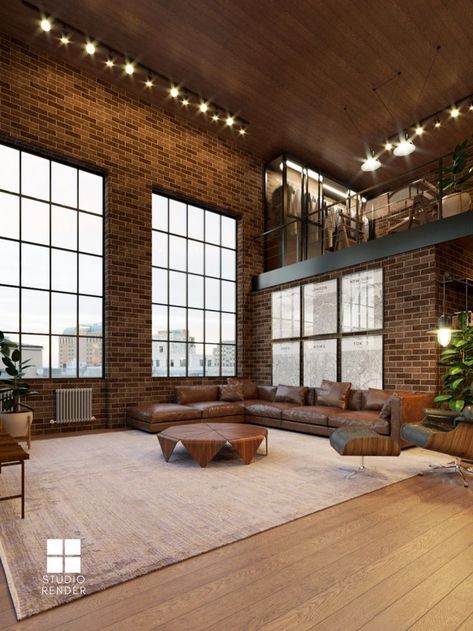 Industrial Living Room Design, Brick Living Room, Industrial Style Living Room, Brick Interior Wall, Industrial Living Room, Leather Couches, Brick Interior, Industrial Livingroom, Living Room Loft