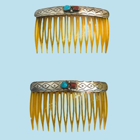 Vintage VTG Pair Turquoise Coral Silver Navajo Hair Combs | eBay Sheer Midi Skirt, Amber Hair, Paint Shirts, Wedding Kimono, Vintage Hair Accessories, Time Warp, Vintage Hair, Hair Combs, Coral Turquoise