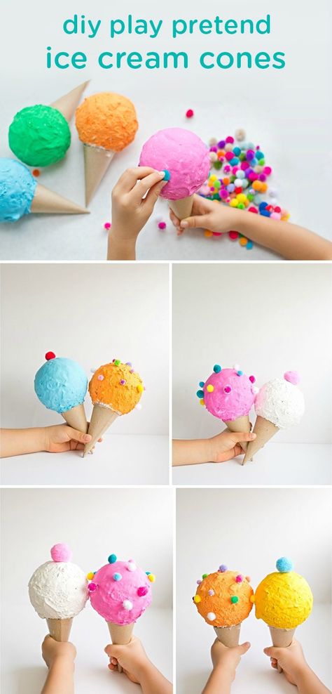 Your little ones may love helping you create these soft and safe DIY toddler toys: play pretend ice cream cones. Plus, they can have hours of kid-friendly summertime fun with them later! Ice Cream Toy Diy, Pretend Play Ice Cream, Ice Cream Party Games, Diy Styrofoam Crafts, Diy Pretend Play, Ice Cream Craft, Ice Cream Diy, Diy Toddler Toys, Play Ice Cream