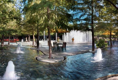 Fountain Place The Fountain Plaza Central Fountain has 217 water jets. Designed by Dan Kiley, world-class landscape architect who also designed the surrounding at the Kennedy Center in Washington, D.C. and the St. Louis Gateway Arch. Specific water features were designed by Water Entertainment Technologies (WET Inc.), formerly a subsidiary of Disney, that designed Disney World and Epcot water features. F Fountain Place Dallas, Fountain Plaza, Pondless Water Features, Modern Water Feature, Diy Water Feature, Outdoor Water Features, Small Water Features, Backyard Water Feature, Gateway Arch