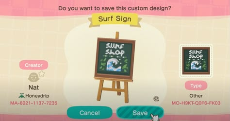 Animal Crossing Nautical Design, Acnh Surf Shop Design Code, Acnh Surf Shop Design, Acnh Coastal, Acnh Signs, Acnh Patterns, Stall Signs, Animals Crossing, Crossing Sign