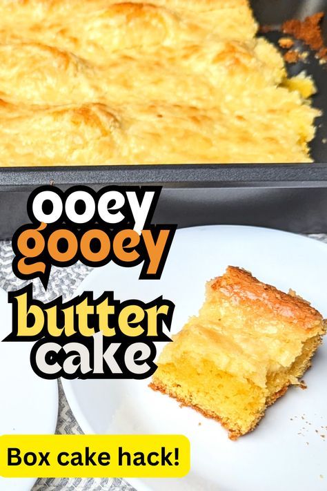 The fact that Ooey Gooey Butter Cake is a box cake hack makes this recipe so much easier from the start.  There’s no flour or sugar to measure, and there’s no need for vegetable oil because the ooey, gooey glaze (along with an added stick of butter–hey, this is butter cake after all!) gives this cake a supremely moist and rich texture. Simply use your hand mixer to blend the cake ingredients, top it with the easy to make homemade glaze and bake it! Butter Cake Box Mix Recipes, Cake Mix Gooey Bars, Buttercake Dessert, Easy Dessert Recipes With Few Ingredients, Few Ingredient Dessert, Ooey Gooey Butter Bars, Easy Homemade Cake Recipes, Easy Homemade Cakes, Butter Cake Bars