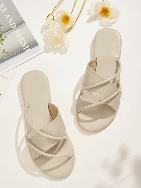 Shein Criss Cross Open Toe Flat Sliders Sliders Footwear, Fancy Flats, Shop Dresses Online, Shoes Heels Classy, Shoes Photography, Home Slippers, Fashion Slippers, Shoes Flats Sandals, Girly Shoes