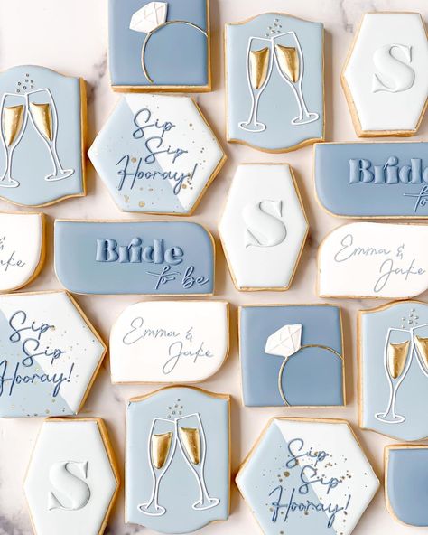 https://www.instagram.com/p/CcIW4snOcme/?igshid=MDJmNzVkMjY= Ice Blue Decorations, Blue Engagement Cookies, Blue And Silver Bridal Shower Ideas, Something Blue Shower Cookies, Sip Sip Hooray Bridal Shower Theme, Blue Wedding Cookies Decorated, Stock The Bar Cookies Decorated, Blue And White Bridal Shower Cookies, Couples Shower Cookies Decorated