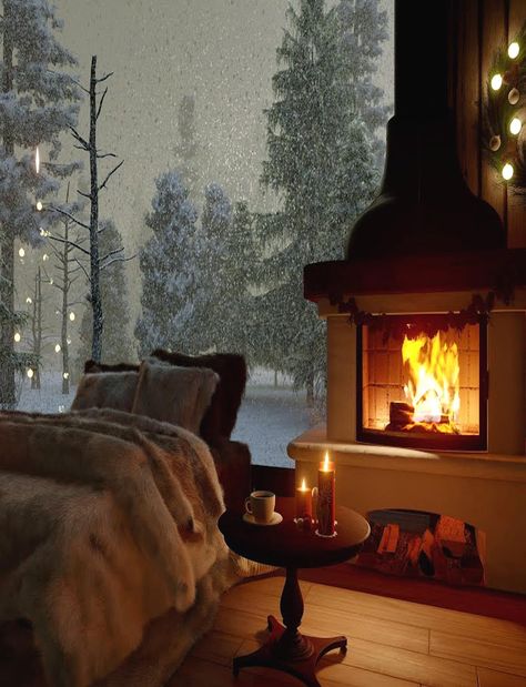 Christmas Ambience, Winter Bedroom, Winter Cabin, Cozy Aesthetic, Cozy Fireplace, The Fireplace, Cozy Place, Cozy Cabin, Cozy Room