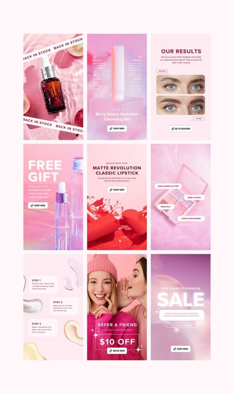 Learn the art of crafting the perfect pink makeup Instagram feed with stylish templates. Find inspiration for beauty marketing and Canva template ideas. Makeup Instagram Feed, Skincare Social Media, Pink Story, Cosmetic Creative, Brochure Design Layout, Ads Creative Advertising Ideas, Instagram Promotion, Find Instagram, Beauty Marketing