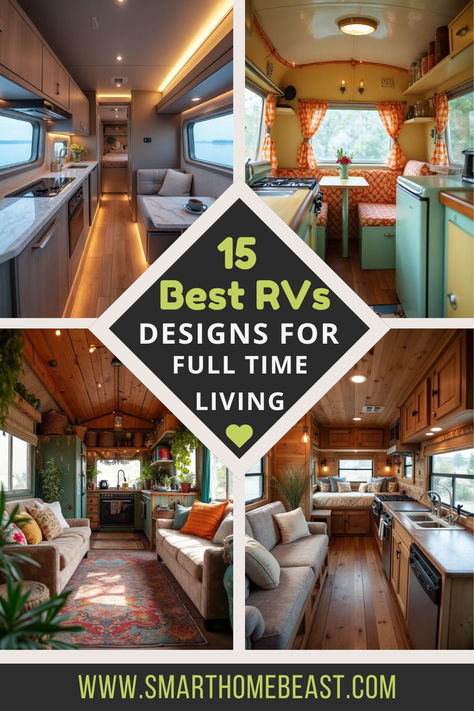 An image featuring various RV interiors designed for full-time living, showcasing cozy, functional, and budget-friendly spaces that blend style with practicality. Dog Friendly Rv Remodel, Best Vans For Van Life, Renovating An Rv, Winnabego Rv Remodel, Live In Camper Full Time, Full Time Travel Trailer Living, Small Motorhome Interior Ideas, Rv Interior Decor, Rv Interior Design Ideas