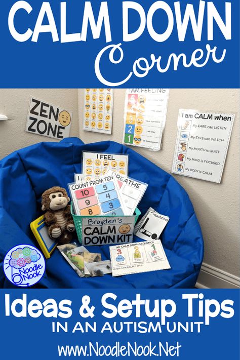 Zones Of Regulation Classroom Set Up, Calm Area In Classroom, Prek Calm Down Corner, Sped Calm Down Area, Sensory Area In Classroom, Preschool Calm Down Kit, Calm Down Corner Ideas, Conscious Discipline Calm Down Corner, Conscious Discipline Active Calming