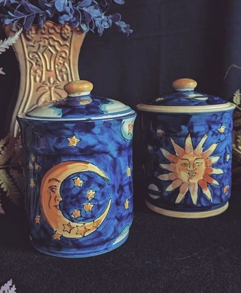 Celestial Crafts Diy, Pottery Painting Celestial, Celestial Clay Art, Whimsigoth Pottery, Space Themed Kitchen, Vintage Celestial Decor, Celestial Pottery Painting Ideas, Celestial Dresser, Whimsigoth Furniture