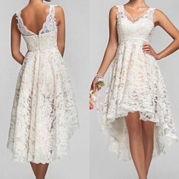 2015 Plus Size High Low Wedding Dresses Vintage Lace V Neck Back Garden Bridal Gowns Custom Made Bridesmaid Dresses Short Beach Wedding Dress High Low Skirt, Ivory Bridal Gown, Camouflage Wedding, Short Lace Wedding Dress, Wedding Dresses High Low, Beading Embroidery, Beach Garden, Trendy Wedding Dresses, Lace Wedding Dress Vintage