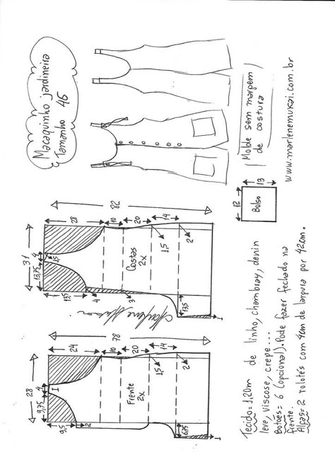 Macaquinho jardineira inteiro – Marlene Mukai Pola Jumpsuit, Pola Jaket, Tops Sewing, Jumpsuit Pattern Sewing, Sewing Pants, Sew Ins, Jumpsuit Pattern, Diy Sewing Clothes, Clothes Sewing Patterns