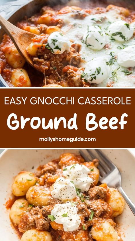 Indulge in the ultimate comfort food with this mouthwatering gnocchi casserole featuring savory ground beef! This easy and family-friendly recipe is perfect for cozy weeknight dinners or special gatherings. The combination of pillowy soft gnocchi, hearty ground beef, rich tomato sauce, and gooey melted cheese creates a winning dish that will satisfy everyone at the table. Gnocchi And Ground Turkey, Recipes Using Packaged Gnocchi, Dinner Recipes With Gnocchi, Hamburger And Gnocchi Recipes, December Crockpot Meals, Gnocchi Ground Beef Recipes, Hamburger Gnocchi Recipes, What To Make With Gnocchi, Gnocchi Casserole Recipes