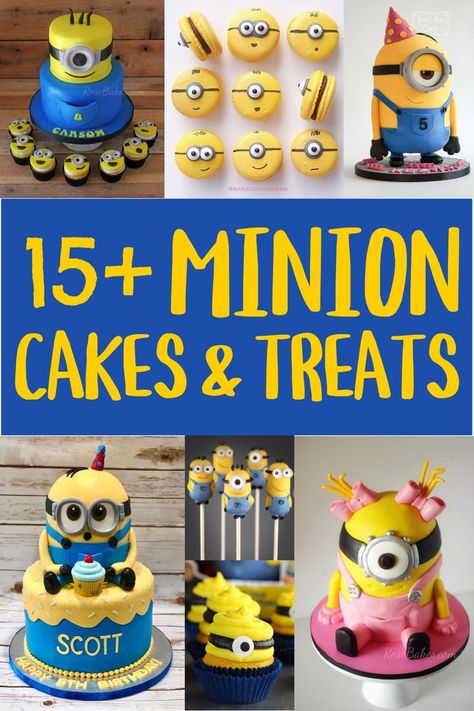 collage of minion cakes and desserts with text "15+ Minion Cakes & Treats" Minion Cupcakes Diy, Diy Minion Cake, Minion Cookie Cake, Minion Desserts, Minion Themed Food, Minion Birthday Cake Ideas, Minions Cupcakes, Minion Cake Birthday, Minion Cakes Birthday Boys