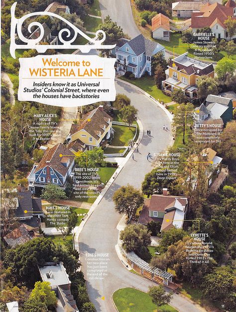 More commonly known as Wisteria Lane, from the TV show 'Desperate Housewives'. Technically, this movie set street is named Colonial Street, a fictional street in Hollywood where MANY movies and tv shows have been filmed, including my absolute favorite EVER, the 1989 classic, 'The Burbs' starring Tom Hanks. In the movie, this street is known as Mayfield Place, a seemingly picture perfect American neighborhood, with that one kooky neighbor next door. I want to live here!! Wisteria Lane Houses, Desperate Housewives House, American Neighborhood, Wisteria Wedding, Wisteria Lane, Wisteria Tree, Zestaw Ikon, Nice House, House Family