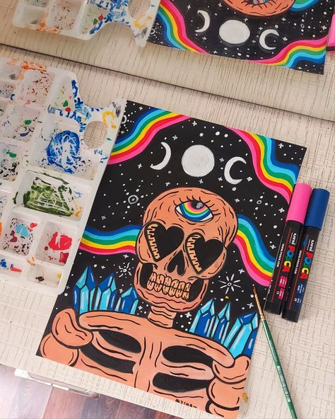 Trippy Posca Pen Art, Posca Paint Pen Art Ideas, Trippy Skeleton Art, Neon Colour Painting, Skeleton Painting Acrylic, Posca Pens Art Drawings, Funky Drawing, Skeleton Painting, Colours Aesthetic