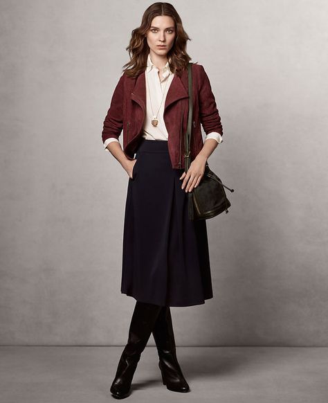 Perfect Fall outfit. Burgundy Jacket Outfit, Moto Jacket Outfit, Midi Skirt Fall, Burgundy Leather Jacket, Blue Midi Skirt, Sleeveless Sweater Dress, Power Dressing, Girly Dresses, Jacket Outfit