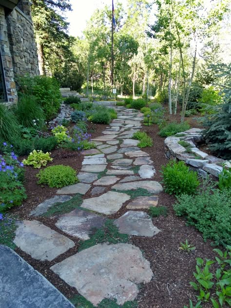 Flagstone Pathway Front Yard, Mixed Material Pathway, Simple Slope Landscaping, Stone Path With Moss, Rockscaping Landscaping Ideas, Star Gazing Platform Backyard Ideas, Front Yard With Pathway, Small Side Yard Patio, Natural Pathway Ideas