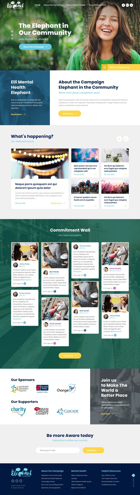 Website design for "Elephant in Our Community". Check out my Behance for more details. Website design - UI/UX design - Inspiration - Clean & Clear - Modern style - Flat design - Charity - Social - NGO - Volunteer - Youth - Photoshop Ngo Websites Design, Community Website Design Inspiration, Ngo Website Design Templates, Accessible Website Design, Advocacy Website Design, Volunteer Website Design, Charity Website Design Inspiration, Community Web Design, Ngo Website Design Inspiration