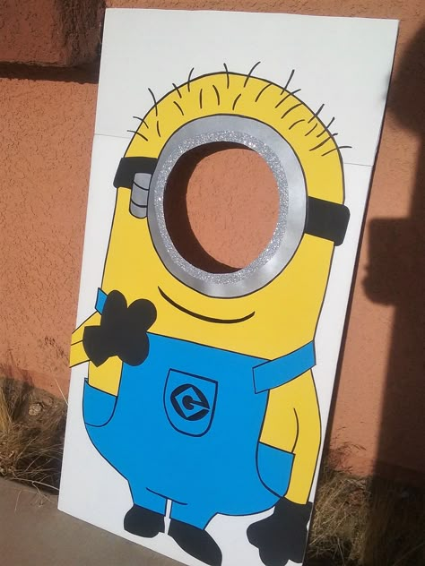 Large minion photo prop! sure to get priceless photos! Minion Party Theme Decorations, Minion Cardboard Cutout, Minion Decoration Ideas, Minion Football Theme, Trunk Or Treat Minion Theme, 2nd Birthday Minion Theme, Diy Minion Birthday Party Decor, Diy Minion Party Decorations, Minions Decorations Party