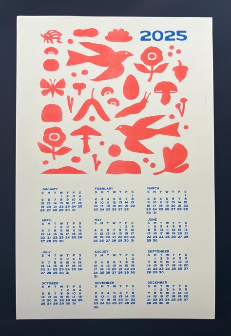 This is a 2025 risograph calendar of beautiful images from nature. The original imagery was made from paper cutouts. It is printed in your choice of vibrant green or warm red for the imagery, with blue text. Little differences in saturation and texture will occur from print to print, which is the nature of handmade and the beauty of risograph printmaking!  It measures 11" X 17" and arrives carefully rolled in a sturdy tube. It is printed on a medium weight warm white paper. A wonderful gift for those who love nature, printmaking, and bold shapes. Risograph Calendar, Nature Printmaking, Calendar Layout, Blue Text, Paper Cutouts, Sticky Paper, Art Calendar, Typography Layout, Wall Calendars