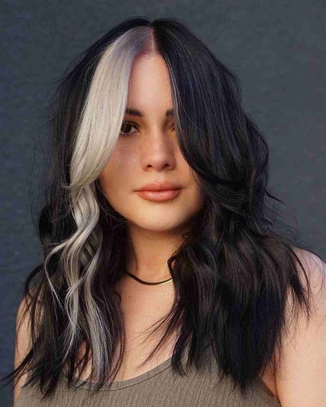 In the search for the trendiest black and blonde hair colors that might change your life? We're sure that you can pull off this black and blonde color block! It's time for a change. Get that unique look you've been craving. Be the trend-setter, not the follower! // Photo Credit: @hairhecker on Instagram White Highlights With Bangs, Black Hair Blonde Color Block, Part Blonde Part Black Hair, Black Hair With Bright Money Piece, Quarter Panel Hair Color, Two Tone Money Piece Hair, Quarter Dyed Hair Blonde And Brown, Blond Block With Brown Hair, Black Hair With Fashion Colors