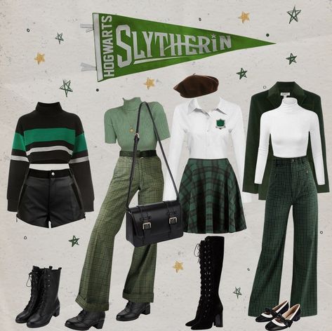 Slithering Aesthetic Clothes, Slytherin Capsule Wardrobe, Slytherin Outfit Inspiration, Slytherin Style Outfits, Hp Outfits Harry Potter, Slytherin Clothing Aesthetic, Slytherincore Outfits, Hogwarts Aesthetic Outfits Slytherin, Harry Potter Outfits Slytherin