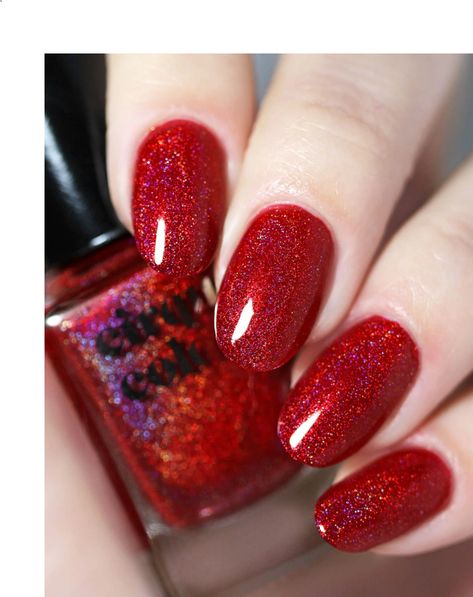 Dark Red Sparkly Nails, Red Sparkly Nails, Red Glitter Nail Polish, Red Holographic, Classy Nail Art Ideas, Red Nails Glitter, Cirque Colors, Ulzzang Makeup, Cute Christmas Nails