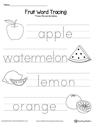 Practice identifying beginning letter sound of fruits and tracing the words in this printable worksheet. Words Tracing Worksheet, Food Tracing Worksheets Preschool, Food Tracing Worksheets, Fruit Tracing Worksheet, Fruit Worksheets Preschool, Fruit Worksheets For Kids, Fruit Worksheet, Kindergarten Building, Pre-k Writing